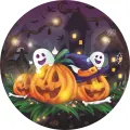 Kulatý jedlý obrázek na dort – Dýně a duchové na Halloween (fialová, žlutá, černá)