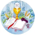 Kulatý jedlý obrázek na dort – Kalich, Bible a kostel (modrá, zlatá, bílá)