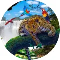 Kulatý jedlý obrázek na dort – Leopard a papoušci v džungli (zelená, modrá, hnědá)