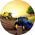 Kulatý jedlý obrázek na dort – Zemědělská technika na poli (žlutá, modrá, hnědá)
