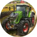 Kulatý jedlý obrázek na dort – Traktor, zelený u slunečnicového pole (zelená, červená, žlutá)