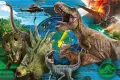 Obdélníkový jedlý obrázek na dort – Pravěký svět s T-Rexem a raptorem (modrá, zelená, hnědá)