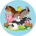 Kulatý jedlý obrázek na dort – Farma s koníkem a prasátkem (modrá, hnědá, růžová)