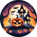 Kulatý jedlý obrázek na dort – Halloween dýně na kopci s hradem (fialová, žlutá, černá)