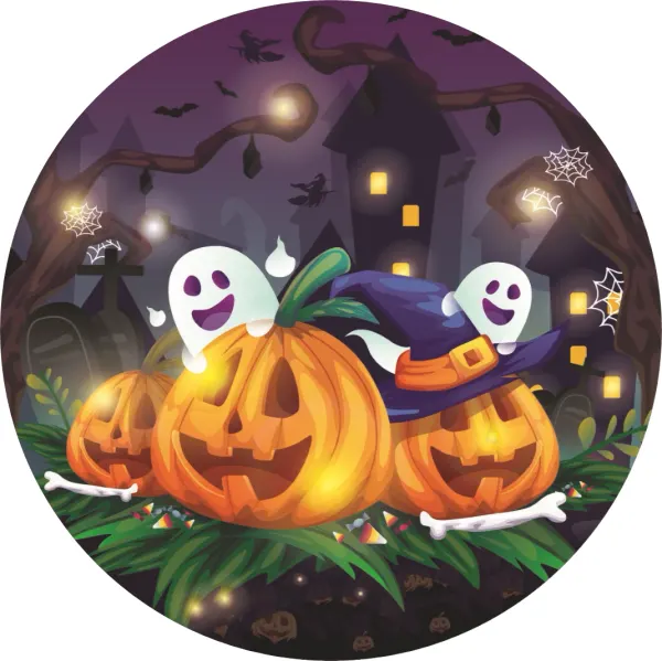 Kulatý jedlý obrázek na dort – Dýně a duchové na Halloween (fialová, žlutá, černá)