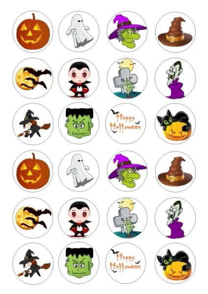 List jedlých koleček na cupcakes – Halloweenští duchové a netopýři (černá, zelená, fialová)