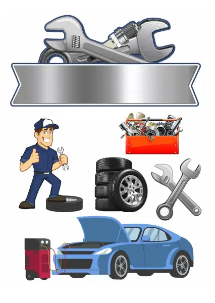 Obdélníkový jedlý obrázek na dort – Automechanik v dílně (modrá, stříbrná, červená)