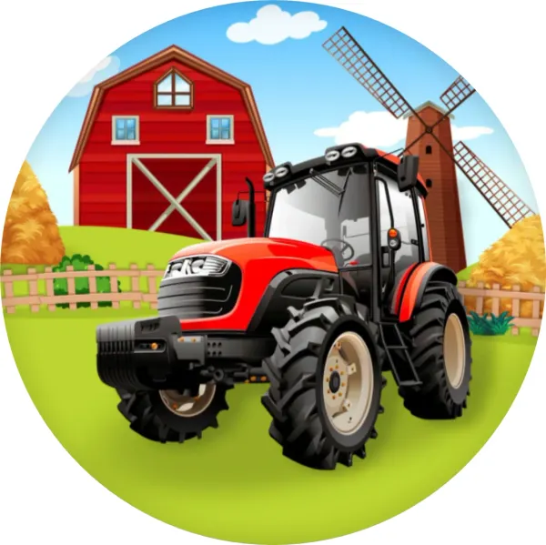 Kulatý jedlý obrázek na dort – Traktor, červený na louce u stodoly (červená, zelená, modrá)