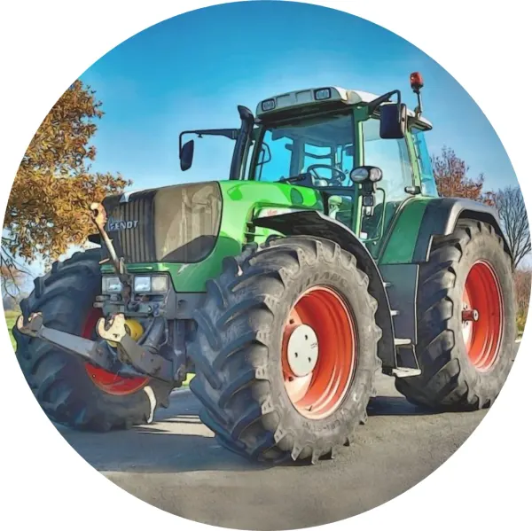 Kulatý jedlý obrázek na dort – Traktor, zelený s podzimním stromem (zelená, modrá, červená)