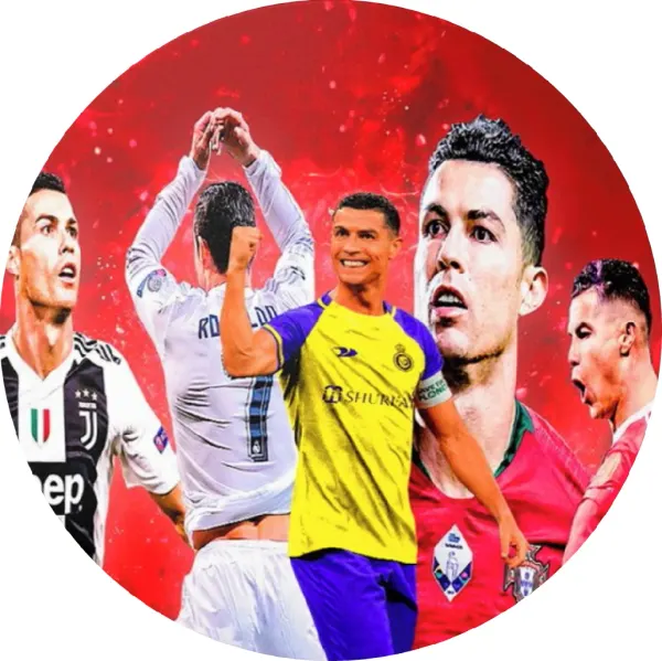 Kulatý jedlý obrázek na dort – Cristiano Ronaldo, koláž dresů na červeném (červená, žlutá, bílá)