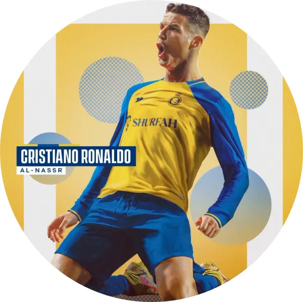 Kulatý jedlý obrázek na dort – Cristiano Ronaldo, oslava na kolenou Al-Nassr (žlutá, modrá, bílá)