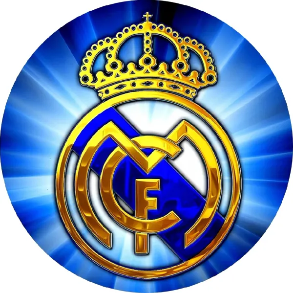 Kulatý jedlý obrázek na dort – Real Madrid, zlatý znak a modré paprsky (modrá, zlatá, bílá)