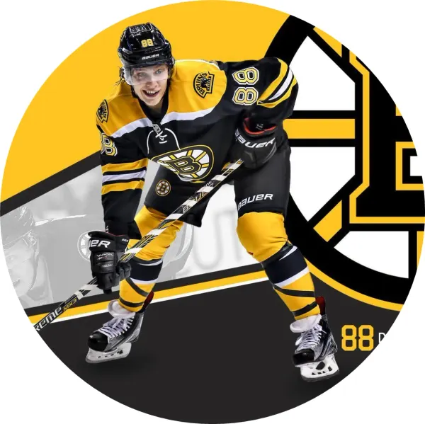 Kulatý jedlý obrázek na dort – David Pastrňák, Boston vhazování a nápis 88 (žlutá, černá, bílá)