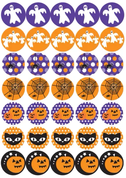 List jedlých koleček na cupcakes – Halloween, duchové, kočka a dýně na kolečkách (fialová, žlutá, černá)
