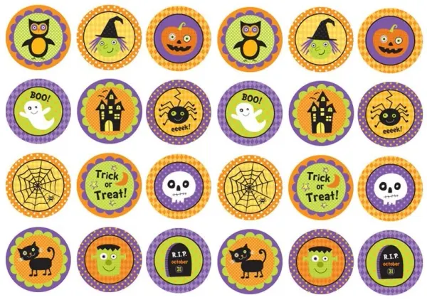 List jedlých koleček na cupcakes – Halloween kolečka s dýněmi a duchy (fialová, žlutá, zelená)