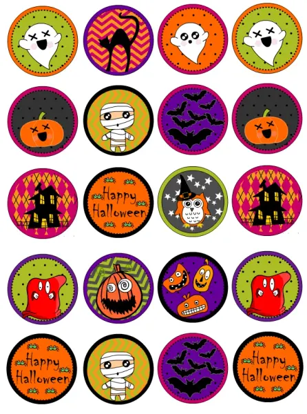 List jedlých koleček na cupcakes – Halloween (žlutá, fialová, černá)