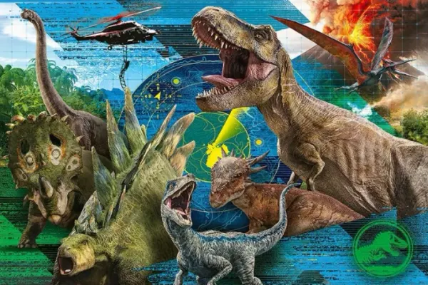 Obdélníkový jedlý obrázek na dort – Pravěký svět s T-Rexem a raptorem (modrá, zelená, hnědá)