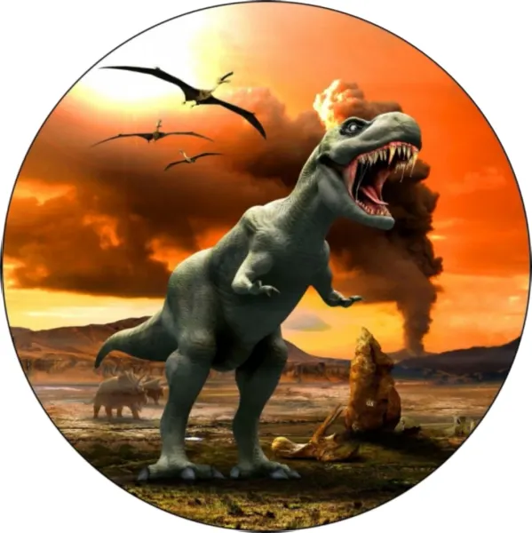 Kulatý jedlý obrázek na dort – Řvoucí tyranosaurus a ptakoještěři (červená, hnědá, šedá)