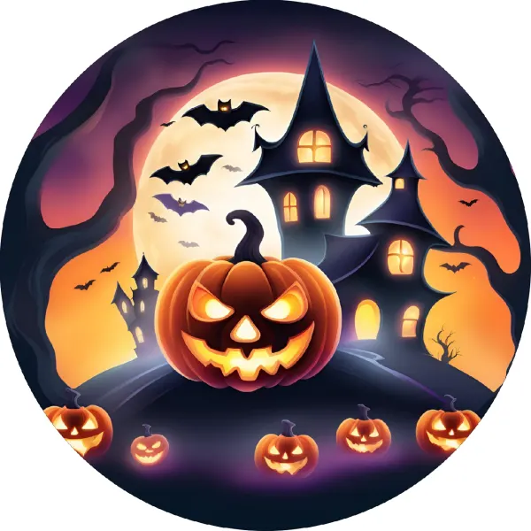 Kulatý jedlý obrázek na dort – Halloween dýně na kopci s hradem (fialová, žlutá, černá)